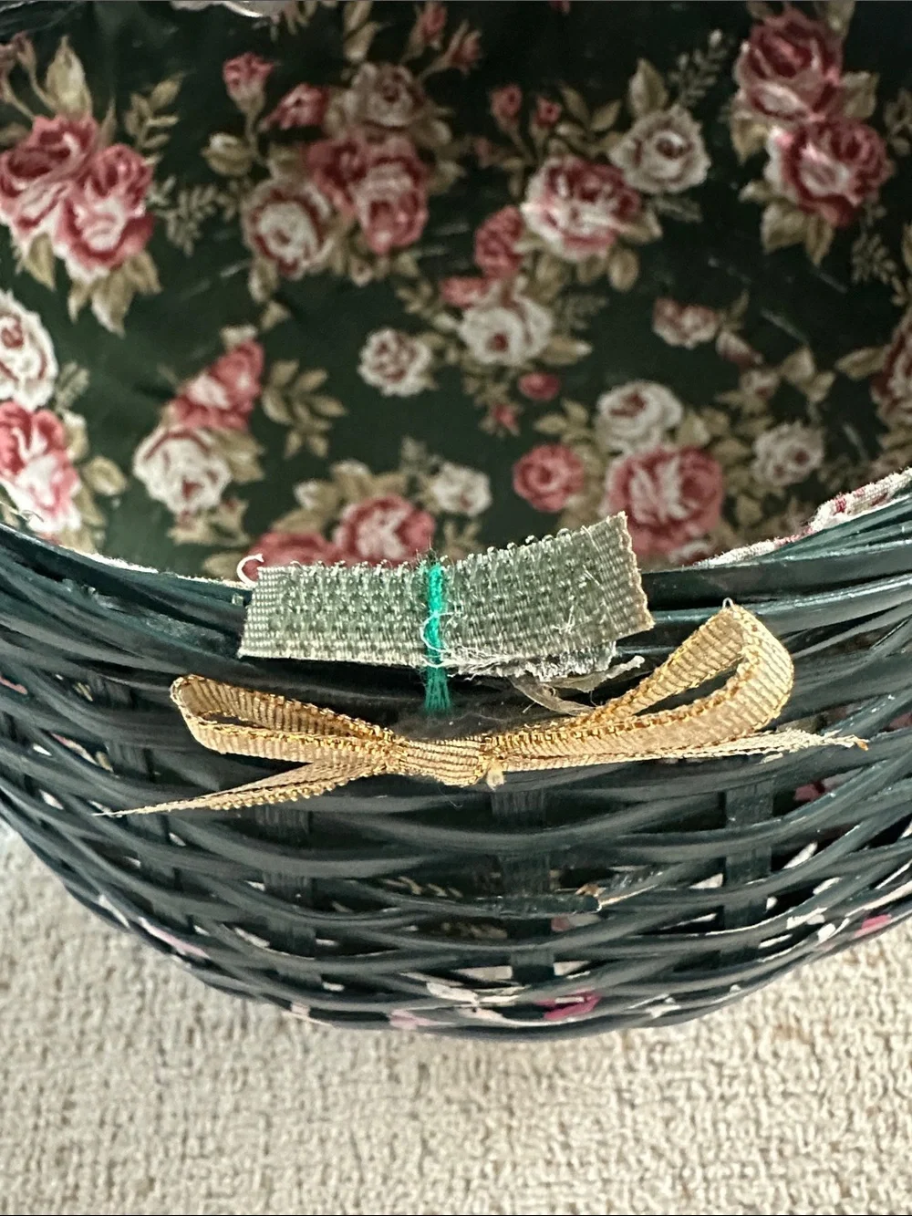 Cottagecore Dark Wicker Round Craft/Sewing Basket with Ruffled Eyelet Detail